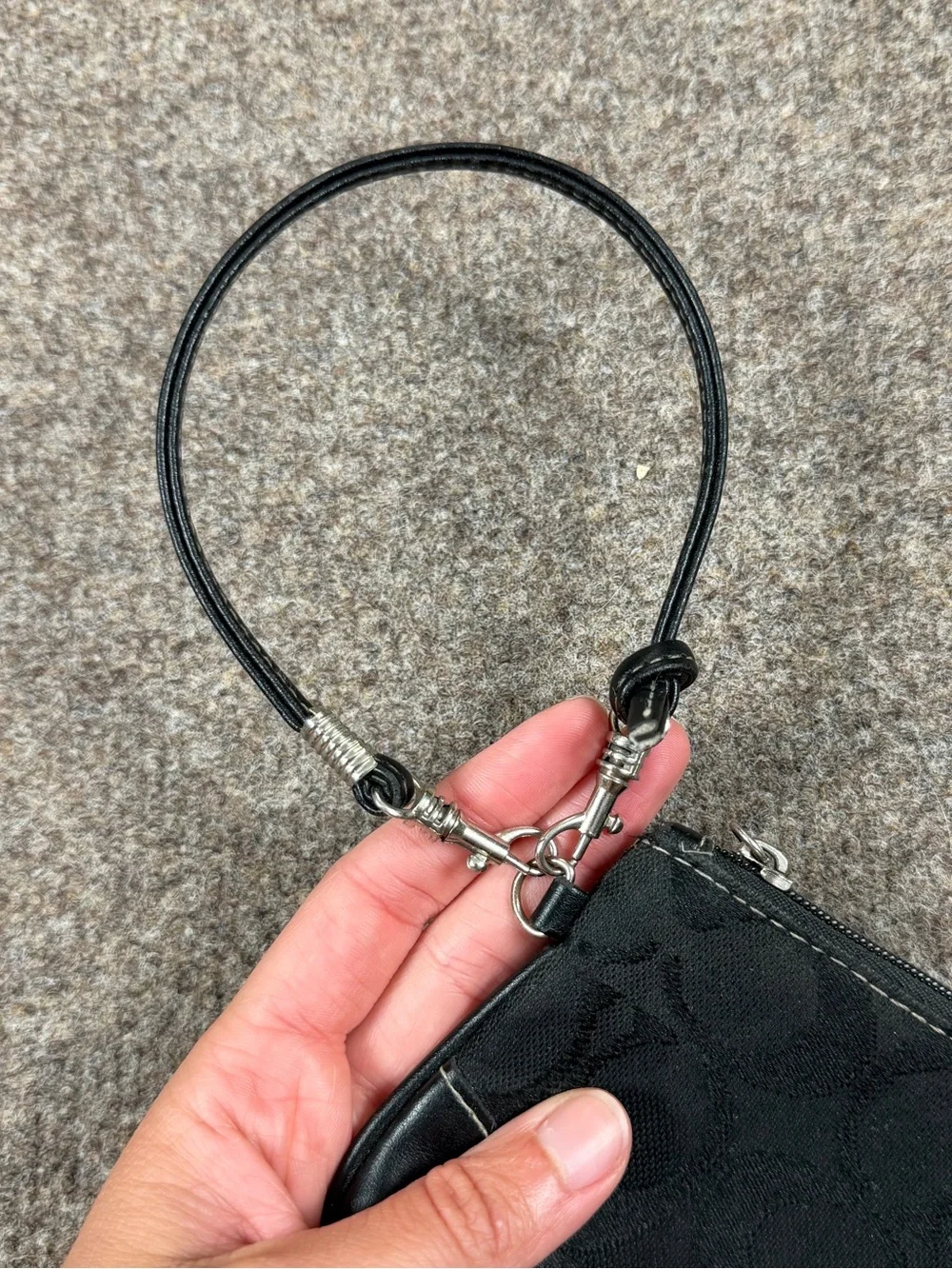 Coach Black Canvas Leather Signature Monogram Wristlet Wallet Pouch‎ Zip Closure